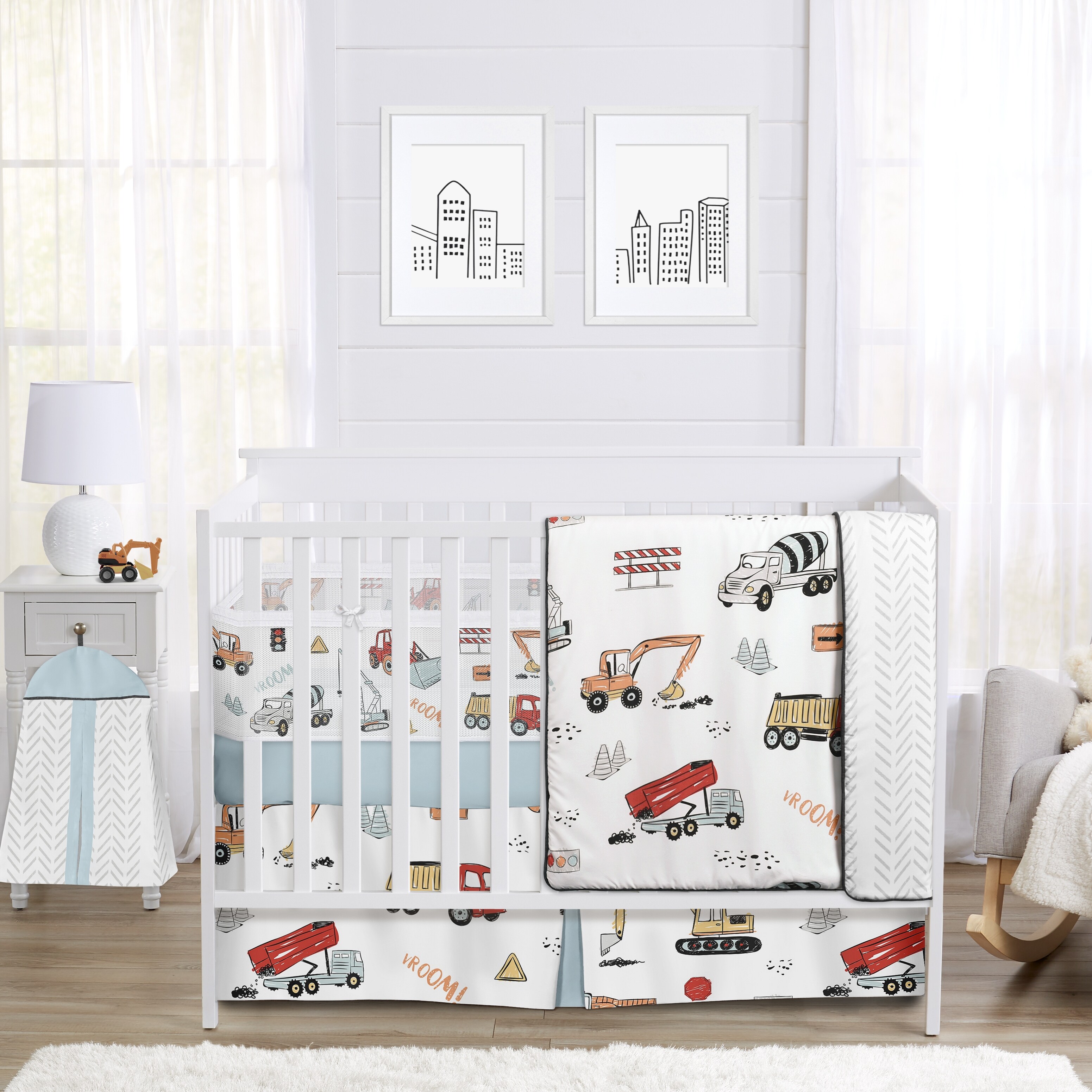 Sweet Jojo Designs Boy Crib Bedding BreathableBaby Breathable Mesh Liner Construction Truck White Red Blue